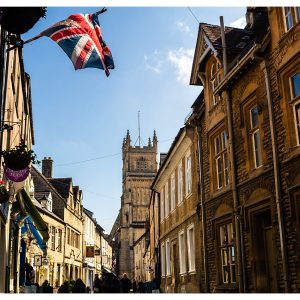 Cirencester cathedral from Blackjack street with union flag - cotswolds photographer original print